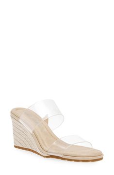 An espadrille-style wedge and transparent straps distinguish a versatile sandal perfect for warm-weather outings, parties and getaways. 3" heel Synthetic upper and lining/rubber sole Imported Clear Platform Wedge Sandals, Summer Platform Heels In Clear Color, Clear High Heel Wedge Sandals For Spring, Spring High Heel Clear Wedge Sandals, Spring Clear High Heel Wedge Sandals, Clear Platform Heels For Summer, Summer Clear Platform Heels, Clear Summer Platform Heels, Clear Open Toe Wedge Sandals With Platform