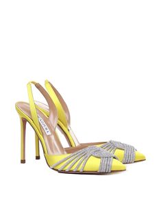 Yellow Gatsby Sandals from Aquazzura -Slingback Gatsby -Glossy satin -Sparkling crystals -Strap - Stiletto heel -Made in Italy -Colour: Yellow -100% Satin | Aquazzura Women's Gatsby Sandals in Yellow | SS23 Aquazzura Slingback, Yellow Pumps, Colour Yellow, Sparkling Crystal, Gatsby, Stiletto Heel, High Heel Shoes, Stiletto Heels, In Italy