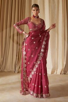 Shop for Vvani by Vani Vats Wine Satin Organza Mirror Embroidered Saree With Blouse for Women Online at Aza Fashions Vani Vats, Full Sleeve Blouse, Floral Saree, Organza Blouse, Embroidered Saree, Indian Couture, Blouse For Women, Organza Saree, Flagship Store