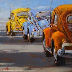 an oil painting of old cars parked in a parking lot