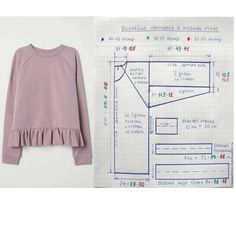 a pink sweater with ruffles on it next to a blueprinted drawing