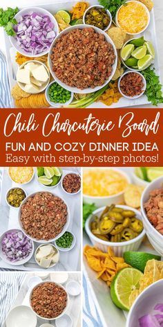 Easy Dinner Idea | Fall Chili Charcuterie Board! Charcuterie Board Dinner, Chili Charcuterie, Crockpot Chicken Chili Recipes, Quinoa Chili Recipe, Fall Chili, Types Of Bellies, Chili Bar, Chicken Chili Crockpot, Crockpot White Chicken Chili