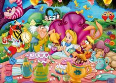 the cartoon characters are having tea together in front of a tree with balloons and bunnies