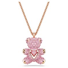 Inspire a smile with this playful pendant. The 3D teddy is covered in light pink crystal Pointiage® and holds a heart-shaped 'dancing' stone in a vibrant pink shade. Finished with a rose gold-tone plated chain, this unique design encapsulates luck and love.