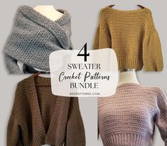 four sweater crochet patterns with text overlay that reads, 4 sweater crochet patterns bundle