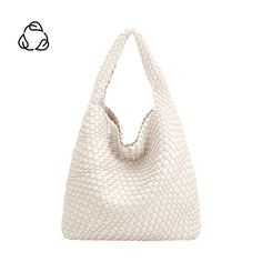 A large off white woven vegan leather shoulder bag with a zip pouch inside Eco-friendly Hobo Bag With Leather Handles, Beige Recyclable Shopping Bags, Modern Recyclable Bags For Everyday Use, Modern Everyday Recyclable Bags, Eco-friendly Everyday Double Handle Bucket Bag, Eco-friendly Hobo Bag With Leather Handles For Everyday Use, Eco-friendly Everyday Bucket Bag With Top Handle, Eco-friendly Everyday Bags With Braided Handles, Eco-friendly Shoulder Bag With Braided Handles For Daily Use