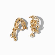 Claire's Gold 1" Crescent Moon Star Clip-On Earrings Celestial Clip On Earrings, Clip On Earrings Moon, Clip On Earrings For Teens, Clip Earrings Claire's, Ankle Chain, Gold Jewelry Earrings, Fashionable Jewelry, Western Jewelry, Moon Star