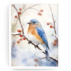 a painting of a blue bird perched on a branch with berries hanging from it's branches