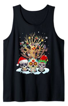 two skulls wearing santa hats and reindeer antlers with christmas decorations on their heads, in front of a black tank top