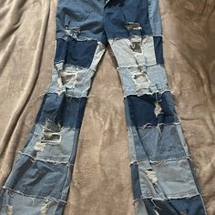 Fashion Nova Denim Ripped Blue Cotton Bottoms, Blue Ripped Cotton Bottoms, Blue Recycled Denim Pants For Fall, Trendy Blue Denim Flare Jeans, Fall Blue Recycled Denim Pants, Blue Denim Flare Jeans For Fall, Spring Blue Patchwork Flare Jeans, Casual Patchwork Denim Blue Flare Jeans, Light Blue Ripped Cotton Jeans