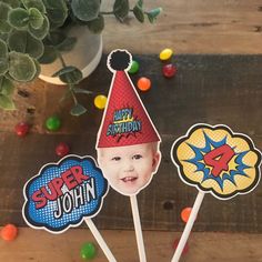 Decorate your party with these original cupcake toppers! Perfect to add some unique decor to your table! This listing is for one photo only. For any additional photos a fee of $5 will be charged. Set of 12 toppers - laser printed on 110 lb card stock. Ready to use, fully assembled. Please choose the styles at checkout. PLEASE SEND ME A 300 dpi res PHOTO AT CHECKOUT. Contact me with any questions! Photo Cupcake Toppers, Pirate Cupcake, Superheroes Party, Photo Face, Hat Photo, Funny Hats, Superhero Party, Birthday Hat, Handmade Gift Wrap