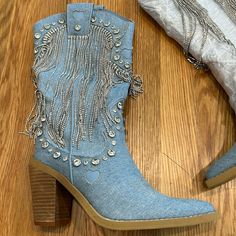 Rare Brand New Women’s Shoes / Size 8 Sugar Thrillz X Dolls Kill Denim Rhinestone Fringe Cowboy Boots Color Blue / Silver Rhinestones Chunky Heel 4” Theme Cowgirl, Coastal Cowgirl, Cowboy Country Ranch Boots, Sugar Thrills Girly Feminine, Rhinestones, Sparkle, Shimmer, Denim And Diamonds New Without Box Unworn/ Unwrapped For Photos Oe Cowgirl Coastal, Denim Cowgirl, Ranch Boots, Denim Rhinestone, Fringe Cowboy Boots, Country Ranch, Nashville Bachelorette Party, Denim And Diamonds, Rhinestone Fringe