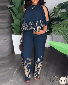 Wholesale Beaded Printing Blouse Loose Pants Two Piece Set Online Split Sleeve Top, Plants Print, Outfit Chic, Casual Chique, Split Sleeve, Plus Size Two Piece, Printed Trousers, Pant Length, Hipster Fashion