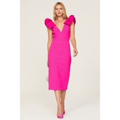 Pink crepe (98% Polyester, 2% Spandex. Contrast: 100% Polyester). Sheath. Sleeveless. V- neck. Back zipper closure. 45.5" from shoulder to hemline. Imported. Spring V-neck Dresses With Structured Shoulders, Fitted Midi Dress With Structured Shoulders For Brunch, Chic Brunch Dresses With Structured Shoulders, Chic Structured Midi Dress For Spring, Chic Sleeveless Knee-length Dress For Brunch, Spring Night Out Dress With Structured Shoulders, Summer Knee-length Dress With Structured Shoulders, Knee-length Summer Dress With Structured Shoulders, Summer Dress With Structured Shoulders And Knee-length