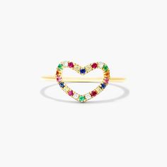 This dainty open heart ring crafted in 14K yellow gold features a rainbow of rubies, emeralds and multicolored sapphires, creating a design as beautiful and unique as the one you love. Open Heart Ring, Orange Sapphire, Ring Crafts, Diamond Settings, Engagement Ring Styles, Fancy Color Diamonds, Open Heart, Dream Ring, Yellow Sapphire