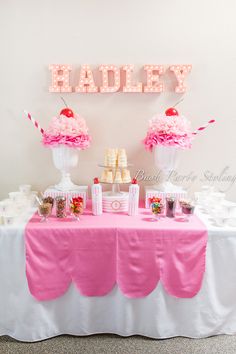 a table topped with lots of candy and candies on top of a white table cloth