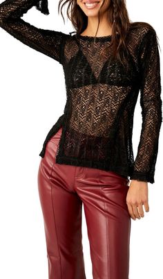 Free People On the Road Twisted Lace Top | Nordstromrack Black Net Top, Sheer Knit, Free People Black, Black Media, Long Sleeve Tee, On The Road, Scoop Neckline, Free People Tops, Black Tee