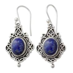 Neeru Goel in India presents the heavenly deep blue of lapis lazuli captured in sterling silver settings of ornate elegance. The earrings feature darkly oxidized contrasts and swing from sterling silver hooks..925 Sterling silver Lapis Earrings Silver, Lapis Earrings, Lapis Lazuli Earrings, Jewelry Show, Sterling Silver Dangle Earrings, Blue Gemstones, Online Earrings, Silver Earrings Dangle, Sterling Silver Studs