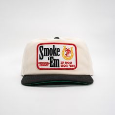 SMOKE 'EM HAT Vintage Adjustable Snapback Hat With Curved Brim, Retro Dad Hat With Curved Brim, White Retro Adjustable Fitted Hat, White Adjustable Retro Fitted Hat, Retro Flat Brim Hat, One Size Fits Most, White Retro Trucker Hat With Curved Brim, Retro White Trucker Hat With Curved Brim, Vintage White Dad Cap, Retro Snapback Hat With Curved Brim