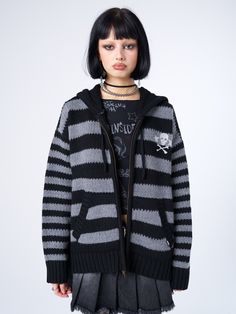 Elevate your style this season with our collection of knitwear, featuring the Hazardous Zip Up Hood Knit Cardigan. It's the perfect addition for layering over graphic tees, maxi dresses, and jeans. Enjoy Buy Now Pay Later choices and a 15% student discount. Grunge Outfits Black, Goth Outfit Inspo, Embroidered Skull, Minga London, Clothes Art, Punk Vintage, Vintage Punk, Striped Hoodie, Bad Mood