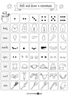 the roll and draw snowman game is shown in black and white, with an image of