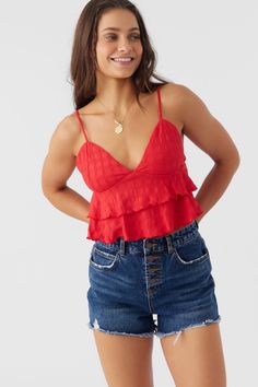 Soak up some sunshine in this flowy tank top. It features a crop length design, solid color wash and soft knit feel. O'Neill Women's woven tank top Crop length Lined bodice Tiered peplum hemline Adjustable straps 95% Polyester, 5% Elastane Textured Knit Petite Summer Dresses, Loungewear Outfits, Loungewear Dresses, Summer Inspo, Boarding School, Fit Ideas, Flowy Tank Tops, School Shopping, Top Crop