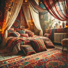 a bed covered in lots of colorful pillows and blankets