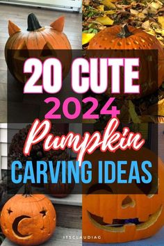 pumpkins with the words, 20 cute pumpkin carving ideas