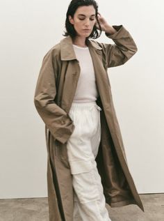 Mijeong Park Cotton Blend Trench on Garmentory Oversized Beige Raincoat For Fall, Oversized Fall Raincoat, Chic Oversized Cotton Outerwear, Oversized Classic Khaki Outerwear, Classic Cotton Outerwear For Daywear, Oversized Gabardine Outerwear For Fall, Oversized Spring Raincoat With Pockets, Oversized Cotton Utility Outerwear, Cotton Raincoat For Fall