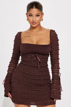 Espresso Lace Mini Dress - Brown | Fashion Nova, Dresses | Fashion Nova Long Sleeve Lace Mini Dress, Brown Mini Dress, Backless Mini Dress, Garden Parties, Mini Dresses For Women, Ruffle Mini Dress, Lace Ruffle, Stretch Dress, Lace Mini Dress