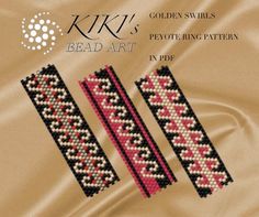 two pieces of beaded bracelets with designs on them, one in red and the other in black