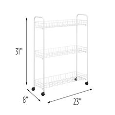 a white wire shelf with wheels and measurements