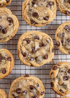 chocolate chip cookies cooling on a wire rack