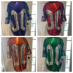 "One size fits most either regular or plus.  Sequin Jersey T-shirt/dress  fits like a T-shirt if you are tall, dress if you are short Options are Red, Green, Purple, or Orange.  Great for college or pro football games! Fully lined, sequins on front and back about 30\" long 24\" wide. (regular) NOW offering a plus size option fitting XL-3XL! (plus size) 36\" long and 28\" wide  personalization only on orders of 50 or more." Short Sleeve Sports Fan Tops For Tailgating, Sports Fan Short Sleeve Top For Tailgating, Sporty Short Sleeve Tops For Tailgating, Red Short Sleeve Top For Cheerleading, Diy Sequin, Sequin Jersey, Tall Dress, Ashley Nicole, Tall People