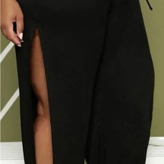 Brand New Plus Comfortable Drawstring Waist Split Hem Pants. Black Tie Waist Bottoms For Loungewear, Black Tie Waist Loungewear Bottoms, Chic Drawstring Bottoms For Night Out, Casual Pants With Side Slits, Chic Solid Color Bottoms With Split Design, Trendy Drawstring Bottoms For Night Out, Black Wide Leg Pants With Side Slits, Stretch Bottoms With Drawstring For Night Out, Chic Solid Bottoms With Split Hem