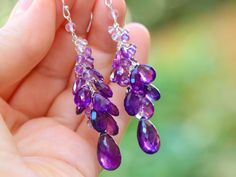 "THE JEWELRY IS SHIPPED via DHL EXPRESS (2-5 days delivery door to door). THE DHL SHIPPING COST IS INCLUDED IN THE PRICE. The Violet Dance Earrings - Purple Amethyst Earrings Cascade, Long Cluster Gemstone Earrings ► Measurements / Details: - Length including earwire: 2.5\" (~6.4 cm) *can be made shorter/longer per request - Silver: High quality Sterling Silver - Gold: High quality Gold Filled ► Gemstones: The earrings include excellent AAA quality gemstones, they are undyed, natural, superbly f Purple Briolette Fine Jewelry Earrings, Amethyst Gemstone Earrings For Party, Purple Amethyst Earrings For Wedding, Amethyst Purple Earrings For Wedding, Amethyst Drop Earrings Fine Jewelry, Amethyst Long Drop Earrings For Pierced Ears, Fine Jewelry Amethyst Drop Earrings, Amethyst Earrings With Gemstone Accents For Wedding, Amethyst Gemstone Earrings For Wedding