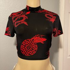 New Very Sexy And Comfy. Fitted Red Crop Top With Graphic Print, Black Stretch Crop Top With Graphic Print, Red Casual Tops For Club, Red Fitted Crop Top For Club, Fitted Crop Top With Graphic Print For Night Out, Fitted Red Crop Top For Club, Fitted Red Top In Edgy Style, Trendy Black Fitted Crop Top, Red Stretch Edgy Top