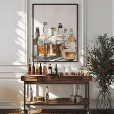 a table with liquor bottles on it and a potted plant