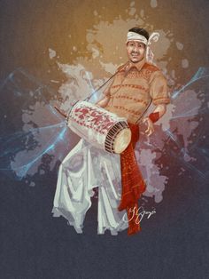 a painting of a man holding a drum