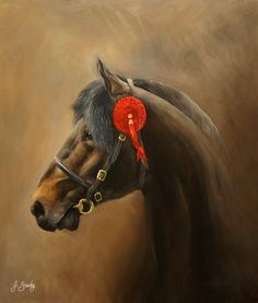 a painting of a horse with a red ribbon on its head