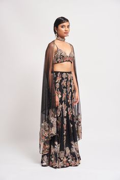 Kinfolk Black applique embellished georgette fish tail lehenga, bustier & tulle dupatta. From Aisha Rao's Kinfolk collection. DELIVERY TIMEPlease allow 6-8 weeks for your outfit to arrive. FABRIC DETAILSGeorgette Professional cleaning only. Evening Sets With Intricate Embroidery In Georgette, Georgette Lehenga With Sheer Dupatta And Cape Sleeves, Evening Choli With Intricate Embroidery In Georgette, Evening Georgette Choli With Intricate Embroidery, Bollywood Choli With Sheer Dupatta And Cape Sleeves, Bollywood Lehenga With Sheer Dupatta And Cape Sleeves, Sheer Dupatta Set For Evening Navratri, Evening Georgette Dupatta With Intricate Embroidery, Evening Sharara With Sheer Dupatta For Festivals