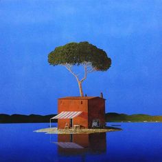 a painting of a house on an island with a tree growing out of it