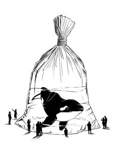 a drawing of a man riding on top of a bag with people standing around it