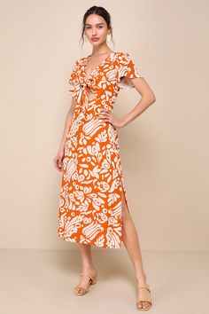 Energetic Charm Rust Orange Abstract Tie-Front Midi Dress Trendy Spring Dresses, Casual Summer Dresses Sundresses, Summer Dresses Sundresses, Graphic Abstract, Abstract Dress, Orange Print, Pleated Maxi Dress, Rust Orange, Hot Dress