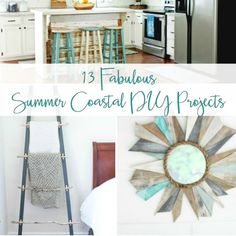 the kitchen and living room are decorated in white, blue, and green colors with text overlay that reads 13 fabulous summer coastal diy projects