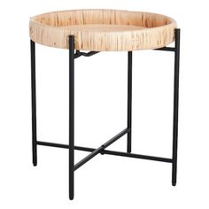 a round wooden table with metal legs and a tray on the top that has a black frame