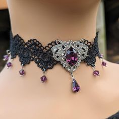 Amethyst Choker Necklace, Gothic Necklace Choker, Dark Fantasy Jewelry, Handmade Gothic Choker Jewelry, Gothic Choker Necklace For Jewelry Making, Gothic Sterling Silver Choker Jewelry, Gothic Sterling Silver Choker Necklace, Purple Metal Choker For Gift, Gothic Sterling Silver Choker