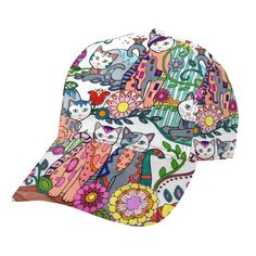 a colorful hat with cats and flowers on it