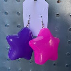 Approximately 2.5" puffy star earrings, extremely light-weight! Pink Star, Pink Stars, Star Earrings, Jewelry Earrings Dangle, Dangle Earrings, Roses, Jewelry Earrings, Stars, Purple