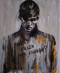 a painting of a man with words written on his face and chest, standing in front of a wall